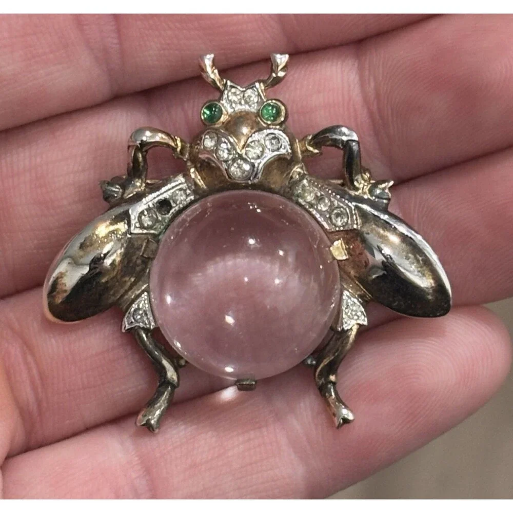 Vintage Trifari Jelly Belly Brooch Sterling Silver Fly Bee Bug Insect Green Eyes
